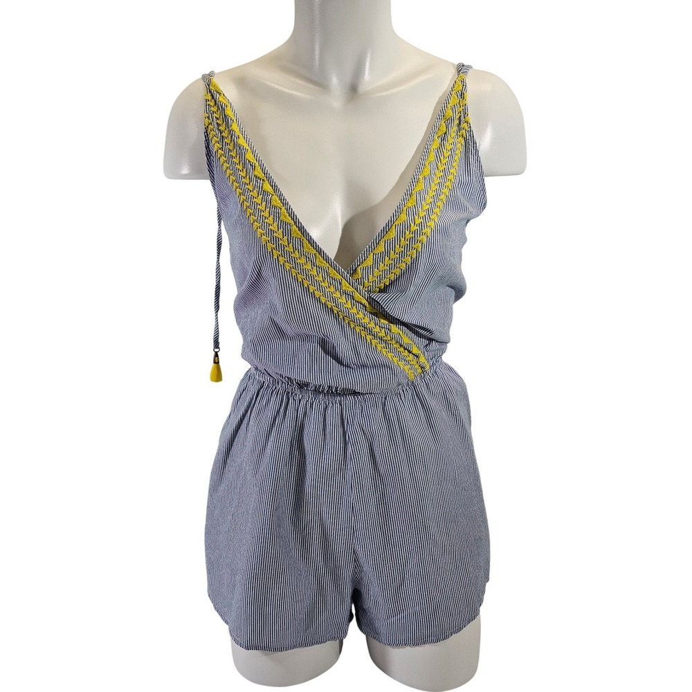 Lucky Brand Striped Romper Blue White Yellow Embroidered Wrap V Neck Small NEW